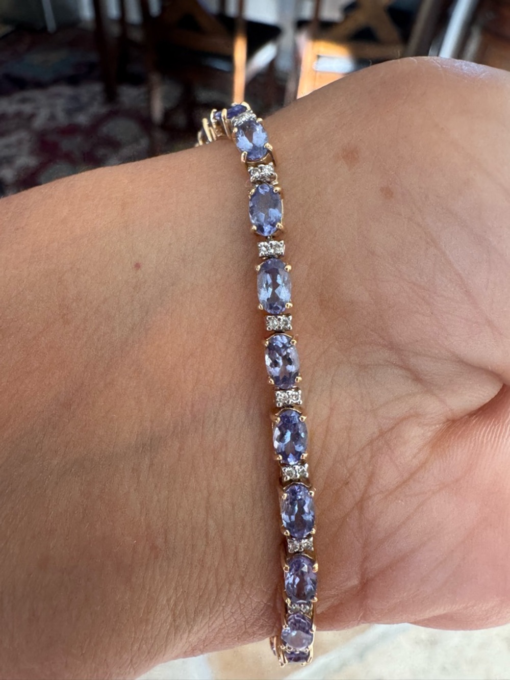 Gorgeous 7CTW Natural Tanzanite Diamond Tennis Bracelet 14K Yellow Gold 7.8g 7” - Picture 3 of 16